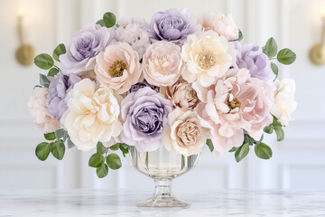 Floral arrangement of pink and purple flowers in a glass vase  