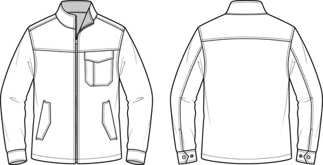 Two tone zip jacket front back view, stand collar, chest pocket flap, slanted side pockets fashion garment design flat vector illustration © MD Tariful islam