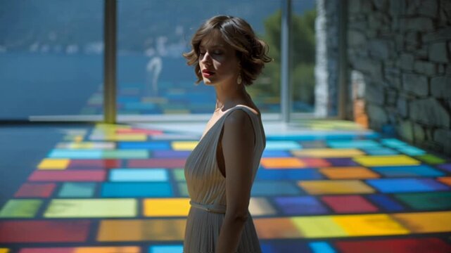 Woman in dress stands on colorful tile floor.