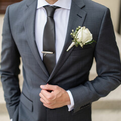 Groom wearing boutonniere photo, elegant cropped shot, minimalist wedding photography, no face visible, refined stylish suit detail, shallow depth of field, stock image