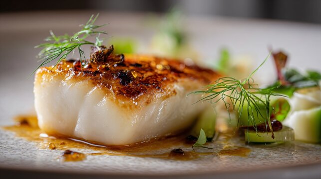 Baked cod loin plated with precision, off-white ceramic