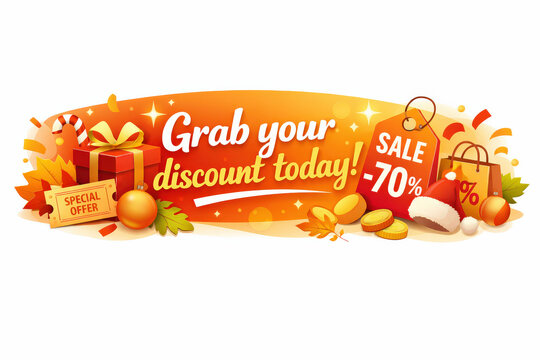 Holiday Discount Banner. Seasonal holiday banner with promotional slogan visualizing a limited-time discount offer, eye-catching