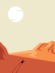 Landscape of the planet Mars in a flat style. The Mars rover is driving on the surface of the planet, with a high-angle view of the mountains of Mars and the sun in the sky