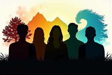 Nature-themed Silhouettes of a Multicultural Group Engaged in a Video Conference
