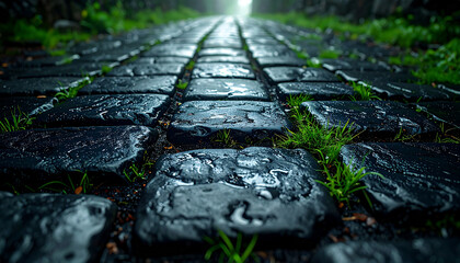 Medieval cobblestone road, dark wet stones glistening with rain, patches of green grass and dirt