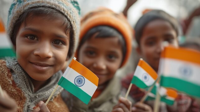 Indian Children Holding National Flags During Celebration