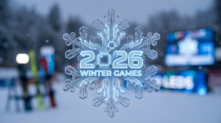 2026 Winter Games futuristic digital snowflake logo concept. Technology sports championship background with skis and stadium screen