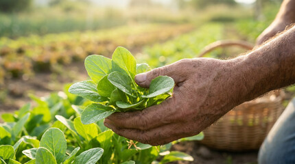 Close-up of a gardener's hands gently harvesting vibrant green organic vegetables from a sunlit garden, symbolizing fresh produce and sustainable living practices