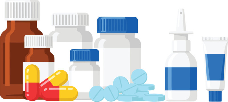 Variety of colorful medicine bottles and pills on display