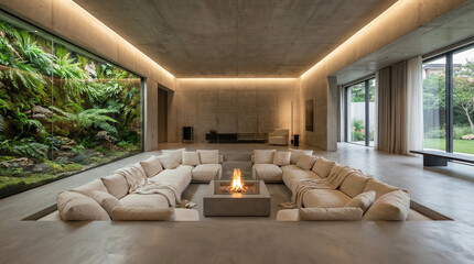 Luxurious modern living space featuring a sunken lounge, central fire pit, and seamless integration with a vibrant indoor garden