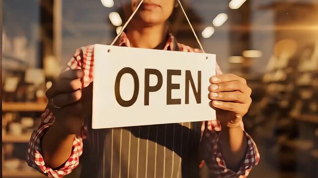 Female shop owner turning a sign from closed to open on the glass entrance door of a local cafe restaurant shop store