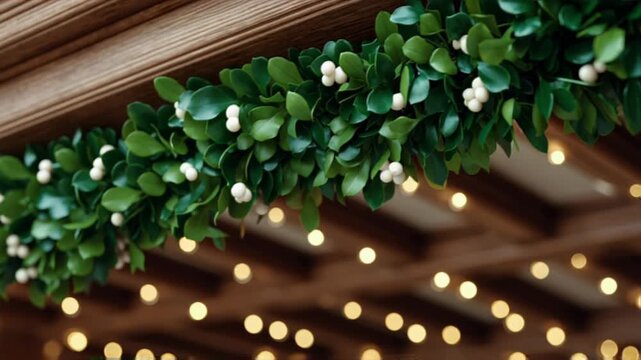 Elegant mistletoe garland with white berries and warm lighting.
