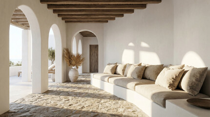 Serene Mediterranean Patio with Sun-Drenched Archways and Built-in Seating