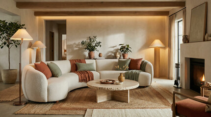 Serene Living Room with Curved Sofa and Natural Textures