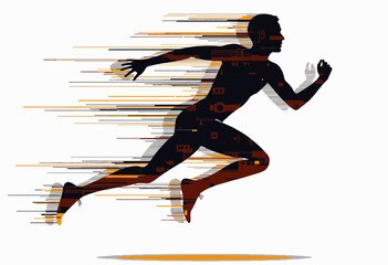 Dynamic Runner Silhouette Illustrating Speed and Motion with Digital Elements and Futuristic Design in a Vibrant Artistic Style