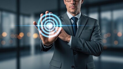 Businessman interacting with futuristic digital interface in modern office
