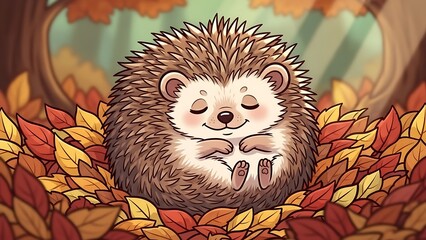 hedgehog curled up in autumn leaves.