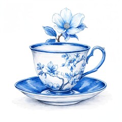 Blue And White Floral Teacup With Blossom On Saucer, Elegant Ceramic Artwork, Porcelain