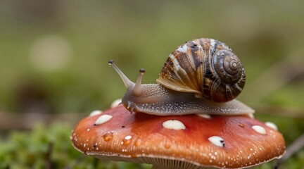 Snail crawling across a vibrant red mushroom cap in the forest