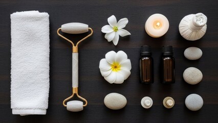 Serene spa essentials arranged on dark wood for relaxation