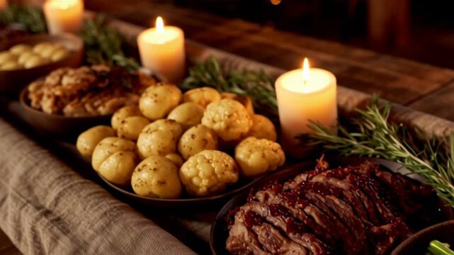 Rustic dinner table with meat, potatoes, broccoli, and candles.
