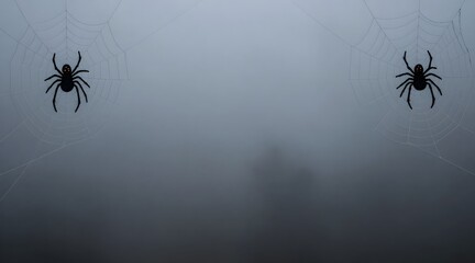Two black spiders sit in webs against a foggy, dark background