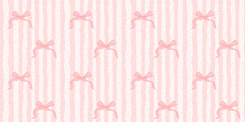 Coquette Seamless Pattern Pink Hand Drawn Stripes with Pastel cute Bow and Ribbon. Wave lines print background. Girly wrapping paper background for Valentine and Birthday. Vector illustration art © accogliente