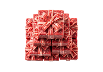 red gift boxes stack with striped ribbons and bows, festive decor