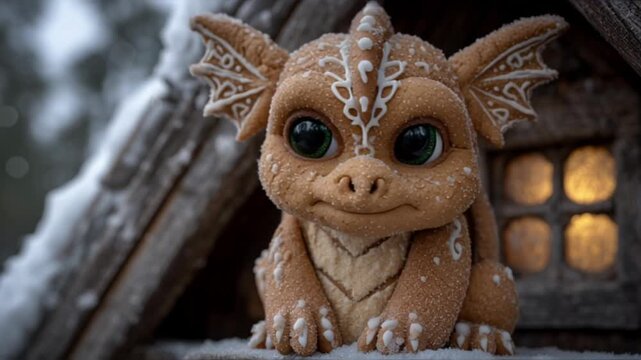 Gingerbread dragon sits outside gingerbread house in winter.