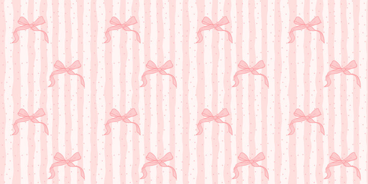 Coquette Seamless Pattern Pink Hand Drawn Stripes with Pastel cute Bow and Ribbon. Wave lines print background. Girly wrapping paper background for Valentine and Birthday. Vector illustration art