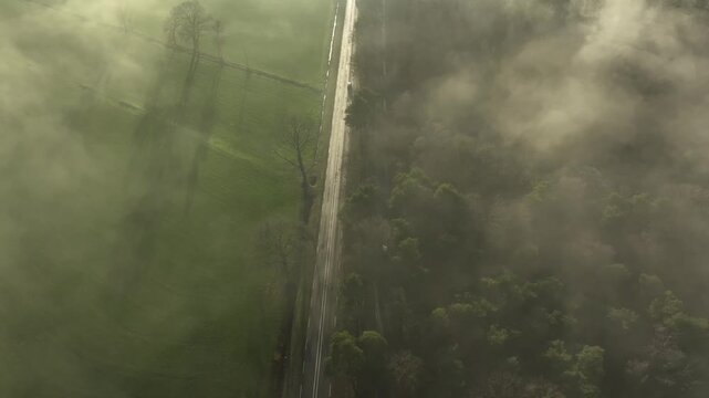 aerial footage of a highway in the Netherlands partly covered in mist