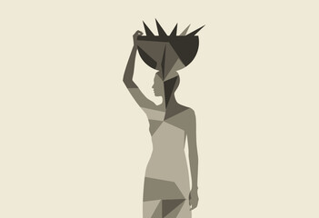 Abstract Silhouette of Person Carrying a Basket on Head with Geometric Patterns and Earthy Tones on a Soft Light Background