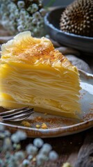 Crepe cake slice with flower decorations: A exquisite durian fruit mille crepe cake with flowers, presented elegantly on a plate