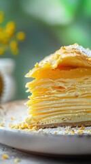 Crepe cake slice with flower decorations: A exquisite durian fruit mille crepe cake with flowers, presented elegantly on a plate