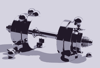 Metal Dumbbell with Artistic Sphere and Cube Detailing in a Minimalist Studio Setting with Gradient Lighting Effect