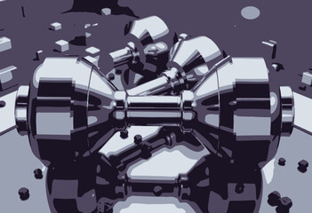 Sleek Shiny Silver Dumbbells Resting on Reflective Surface Surrounded by Small Cubes and Debris in Modern Fitness or Weightlifting Environment