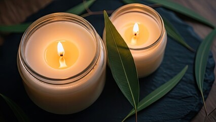 Cozy ambiance with lit candles and green leaves on dark cloth