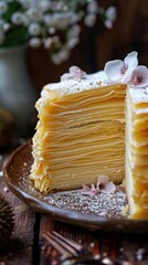 Crepe cake slice with flower decorations: A exquisite durian fruit mille crepe cake with flowers, presented elegantly on a plate
