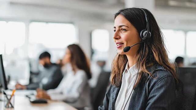 Smiling woman in headset working at computer in modern call center office. Technical support, customer care, professional multitasking