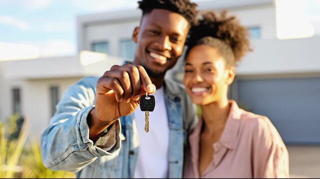 Smiling African American couple holding keys and embracing in front of their new modern home. Purchasing property, real estate success, mortgage, homeownership - Powered by Adobe