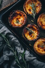 Portuguese Custard Egg Tarts : A close-up, top-down view of pastel de nata