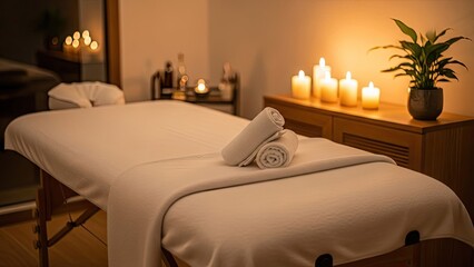 Serene spa treatment room with massage table and candles