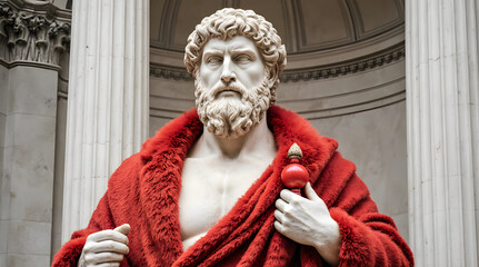 A white marble statue of a bearded man with curly hair, draped in a vibrant red fur-textured cloak, standing between classical columns in a domed gallery.