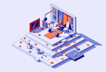 Isometric depiction of a futuristic home gym with advanced workout equipment and digital interfaces on a multi-level platform