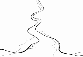 Minimalist black and white abstract artwork featuring winding lines creating a sense of movement and flow on a stark white background