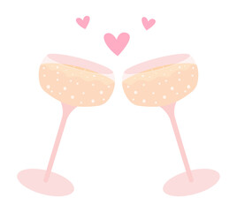 Clinking champagne glasses with hearts vector flat illustration