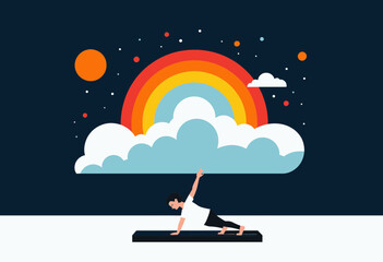 Illustration of a Child Practicing Yoga Outdoors Under a Colorful Rainbow Sky with Clouds and a Glowing Sun at Sunrise