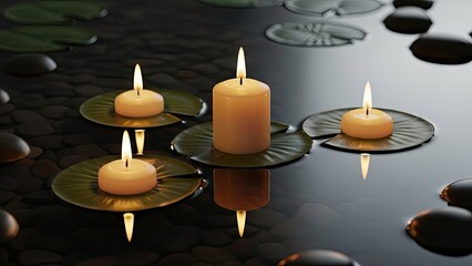 Serene candles on lily pads in peaceful water setting