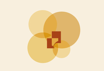 Geometric Abstract Composition with Overlapping Circles and Rectangles in Warm Earth Tones on a Minimalistic Neutral Background