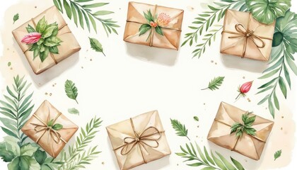 Beautifully wrapped gift boxes surrounded by lush green leaves and delicate flowers, creating a vibrant and inviting atmosphere for celebrations and special occasions
